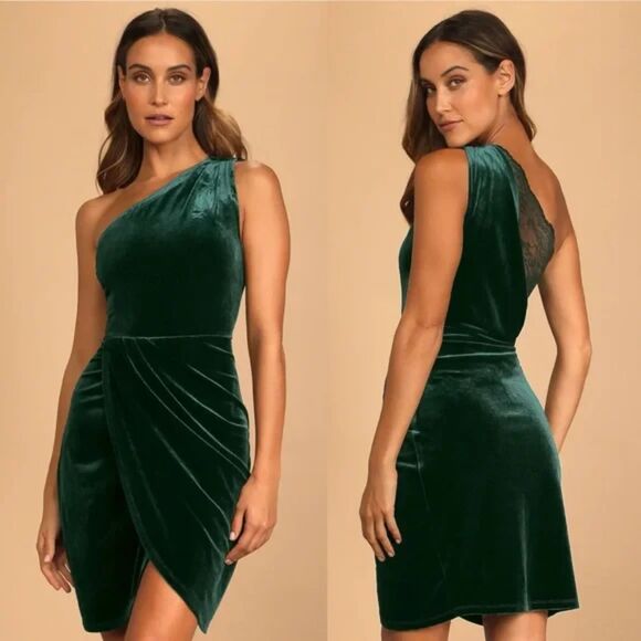 Lulus All The Luxe Velvet Dress L Emerald Green Lace One Shoulder Mini Fairy NWT - Picture 1 of 9